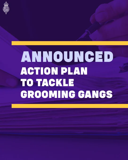 Graphic with text that reads: Announced action plan to tackle grooming gang