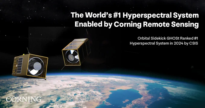 Image of satellites above Earth with the words, "The World's #1 hyperspectral system enabled by Corning remote sensing. Orbital Sidekick GHOSt ranked #1 hyperspectral system in 2024 by CSIS."