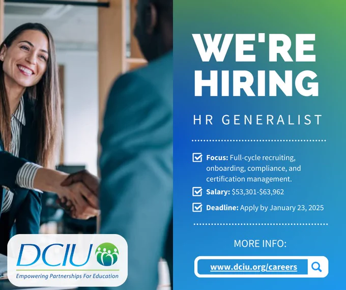 We're Hiring 
HR Generalist
Focus: Full-cycle recruiting, onboarding, compliance, and certification management
Salary: $53,301 to $63,962
Deadline: January 23, 2025

More info: 
www.dciu.org/careers