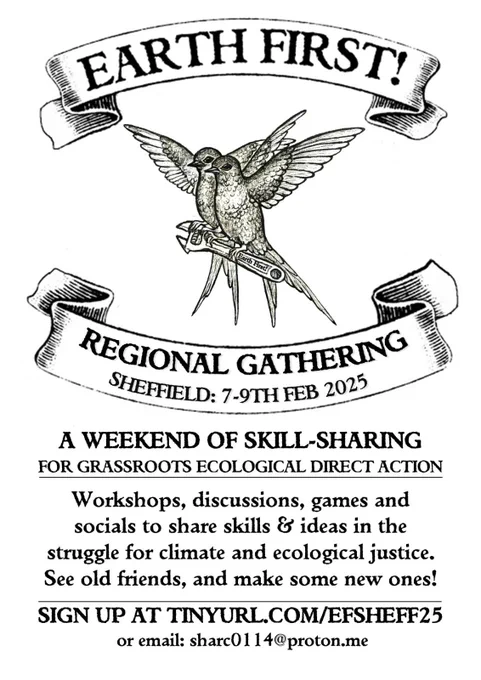 Two large banners are draped over and below a pair of birds in midflight, holding a wrench with their feet. The banners read "Earth First! regional gathering Sheffield 7-9th feburary 2025". Below is a caption "A weekend of skill-sharing for grassroots ecological direct action. Workshops, discussions, games and socials to share skills & ideas in the struggle for climate and ecological justice.  See old friends, and make some new ones! Sign up at tinyurl.com/efsheff25 or email sharc0114@proton.me"