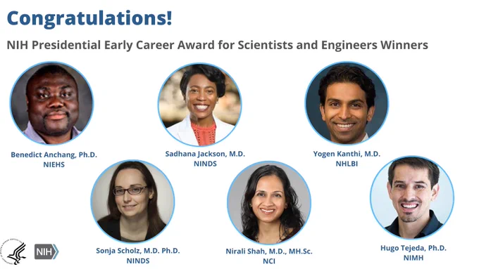 Congratulations! NIH Presidential Early Career Award for Scientists and Engineers

Photos of Benedict Anchang, NIEHS, Sadhana Jackson, NINDS, Yogen Kanthi, NHLBI, Sonja Scholz, NINDS, Nirali Shah, NCI, Hugo Tejeda, NIMH
