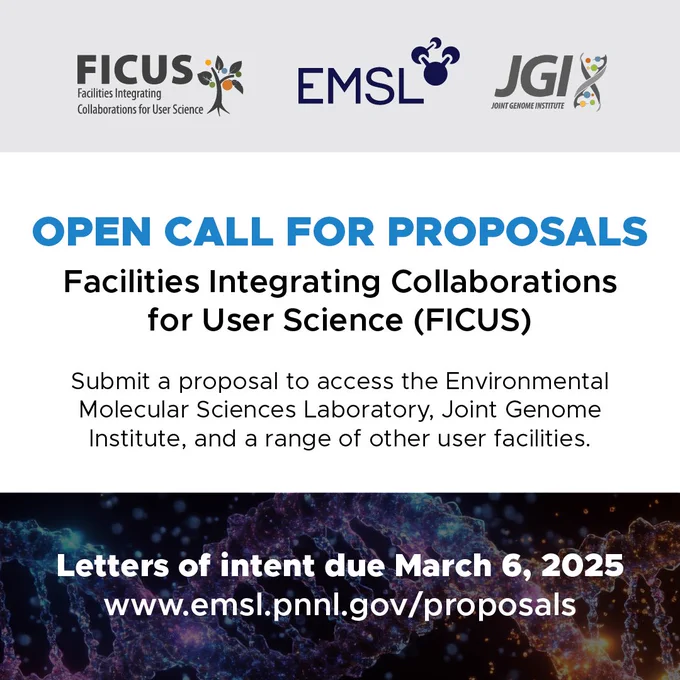 Facilities Integrating Collaborations for User Science (FICUS) proposal call, showing a deadline of March 6, 2025. Includes logos for EMSL and JGI, set against a background image of colorful molecular structures. Visit www.emsl.pnnl.gov/proposals for more information.