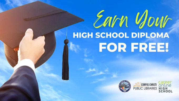 Graphic shows image of the sky with clouds in the background. Off to the left side a male arm in a black gown sleeve and hand is holding up a black graduation cap with black tassel. Text reads: Earn Your High School Diploma for Free!