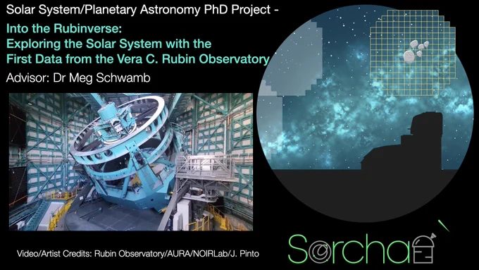 Black background with text in white and teal stating "Solar System/Planetary Astronomy PhD Project - Into the Rubinverse: Exploring the Solar System with the First Data from the Vera C. Rubin Observatory . Advisor: Dr. Meg Schwamb" and on the bottom left is a picture of a large teal telescope in a dome with teal bars on the edges of the dome. The right side has an artist rendition of the night sky with the silhouette of the Rubin Observatory. The sky is tiled with the shape of the observatory's camera  footprint with small asteroids drawn in one of the footprints. 