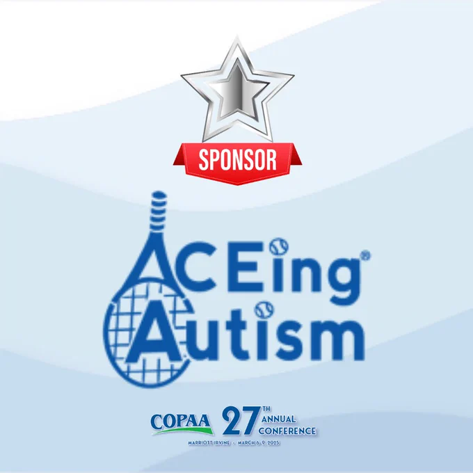  light blue wave background, platinum star above sponsor text reads ACEing Autism, 27th Annual COPAA Conference in Irvine, CA