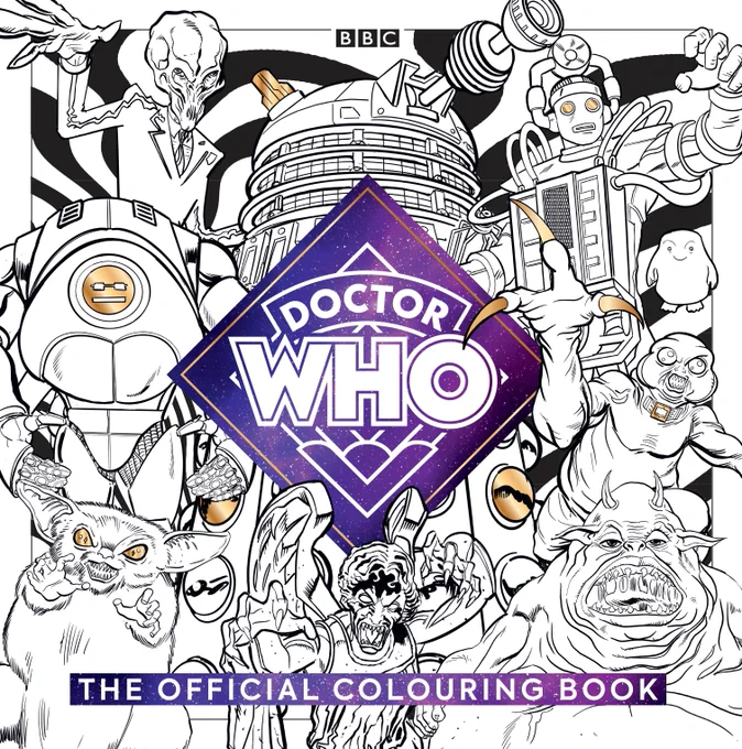 The cover which is black and white of the Official Doctor Who Colouring book. On it you can see sillouettes of a Silence, a Dalek, a Cyberman, an Adipose, a Slitheen, the Goblin King, a Weeping Angel, the Meep and a mysterious new robot...
