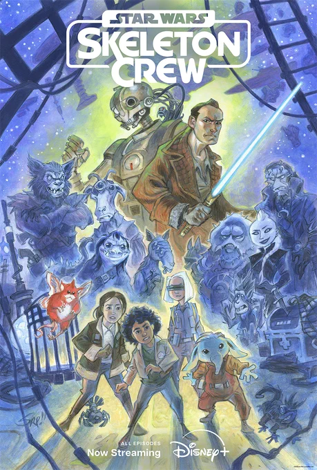 An illustrated poster by artists Steve Purcell.

Featuring the main characters Fern, Wim, KB, and Neel.

Behind them is Jod holding a blue lightsaber and SM-33. There is a collection of pirates lined up behind the crew.