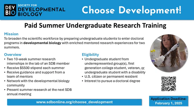 Society for Developmental Biology Logo - Choose Development
Paid Summer Undergraduate Research Training
Mission
To broaden the scientific workforce by preparing undergraduate students to enter doctoral programs in developmental biology with enriched mentored research experiences for two summers.
Overview
Two 10-week summer research internships in the lab of an SDB member
Receive $5500 stipend each summer
Receive guidance and support from a team of mentors
Network with the developmental biology community
Present summer research at the next SDB annual meeting
Eligibility
Undergraduate student from underrepresented group(s), first generation college student, veteran, or undergraduate student with a disability
U.S. citizen or permanent resident
Interest to pursue a doctoral degree
Photo of woman in lab coat pipetting a solution
QR Code to Choose Development website
Application Deadline: February 1, 2025
www.sdbonline.org/choose_development