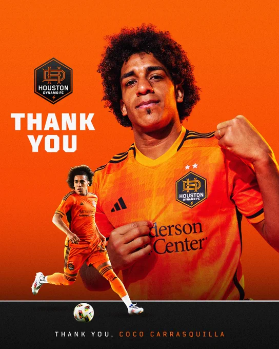 Graphic featuring Coco in an orange Houston Dynamo FC jersey, fist clenched in a triumphant pose against an orange background. Text reads 'THANK YOU, Coco Carrasquilla' with the Houston Dynamo FC logo and a small action shot of Coco.
