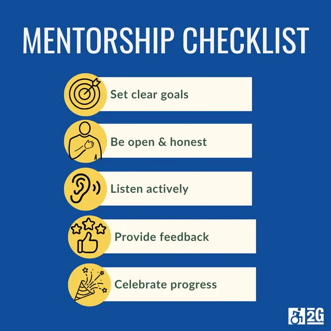 Graphic of a checklist on a blue background that reads Mentorship checklist: set clear goals, be open & honest; listen actively; provide feedback and celebrate progress. 
