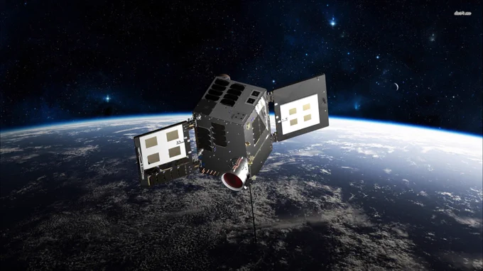 A graphic of a microsatellite in orbit over an image of the Earth.