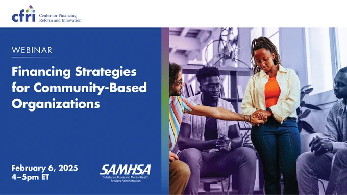 Webinar titled 'Financing Strategies for Community-Based Organizations' on February 6, 2025. It features four individuals in a meeting room, one person shaking hands with another while two others observe.