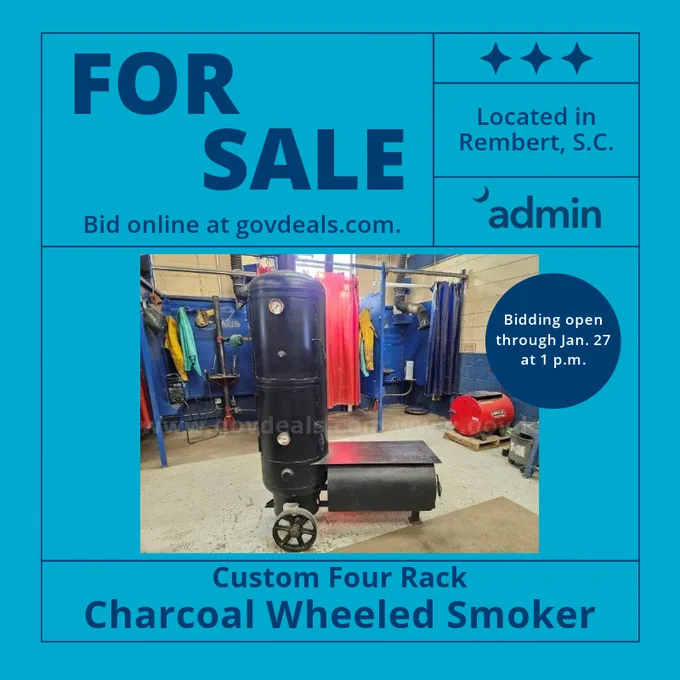 Advertisement for a Custom 4 Rack Charcoal Wheeled Smoker available for bid in Rembert, S.C., with instructions to bid online at govdeals.com.