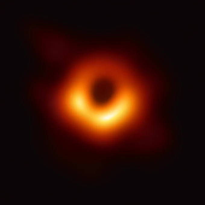 Using the Event Horizon Telescope, scientists obtained this image of the black hole at the center of galaxy M87, outlined by emission from hot gas swirling around it under the influence of strong gravity near its event horizon. The hot gas is shaped like a doughnut and is glowing a warm yellow color with reddish tint at its edges. The darkness of space is black in the background. Credit: Event Horizon Telescope collaboration et al.