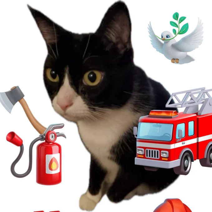 I edited a little photo of Basil, a black and white tuxedo cat, with symbols of first responders and a dove for peace. I just thought this might encourage people to open the tweet, to share the news of emergency pet care and relief by Green Dog Vet clinics.