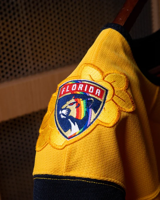 The shoulder of our Pride Night jersey.

The jersey is yellow. There shield has a rainbow over it and is over some yellow flowers.