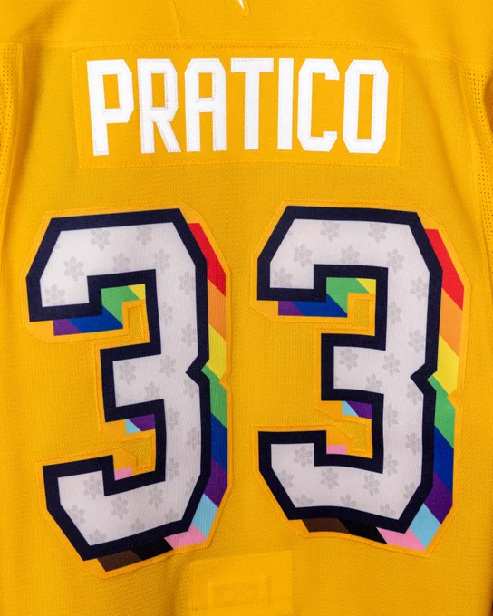The back of our Pride Night jersey.

The jersey is yellow. The numbers have a drop shadow of a rainbow.