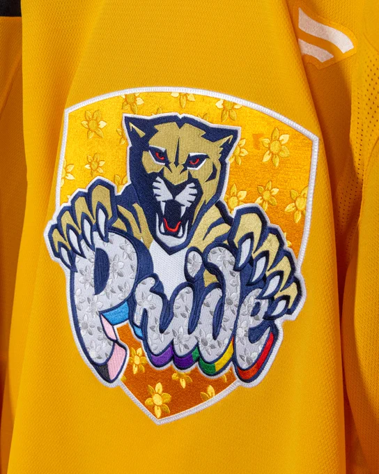 The front of our Pride Night jersey.

The jersey is yellow with a yellow shield. The Panther in the shield has its claws over "Pride" at the bottom of the word are the colors of the rainbow.