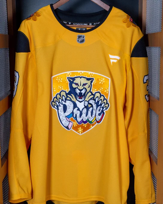 The front of our Pride Night jersey.

The jersey is yellow with a yellow shield. The Panther in the shield has its claws over "Pride" at the bottom of the word are the colors of the rainbow.
