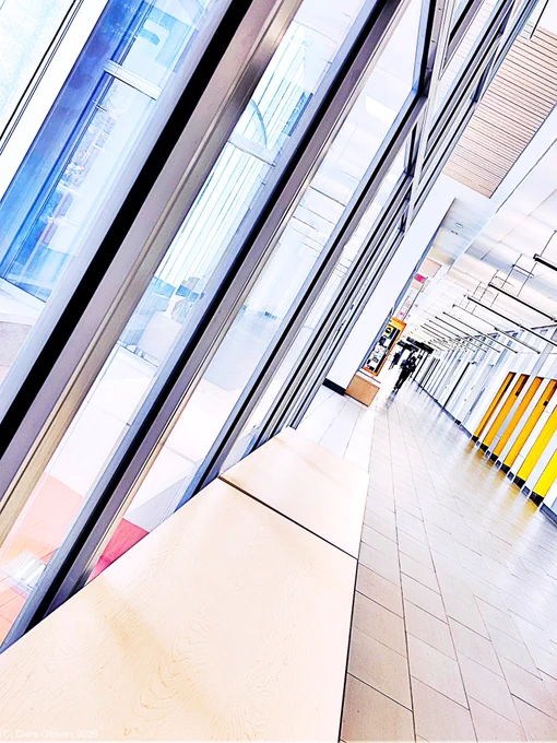 Stylized shot of corridor with lots of doors, panels and windows