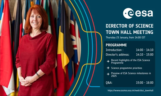The image shows ESA’s Director of Science, Professor Carole G. Mundell, in front of flags of the ESA Member States. On the right, details about the second Science Directorate Town Hall are provided.