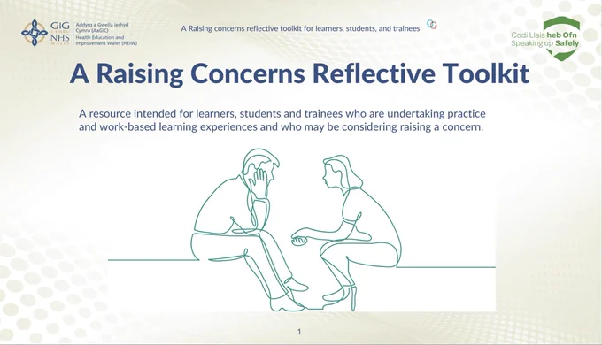 Screenshot of the Raising Concerns Reflective Toolkit, which shows the title of the toolkit, an illustration of two people talking, the HEIW logo and the Speaking Up Safely logo.