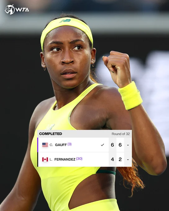 Graphic showing Coco Gauff's 6-4, 6-2 win against Leylah Fernandez in the 3rd round at the 2025 Australian Open.