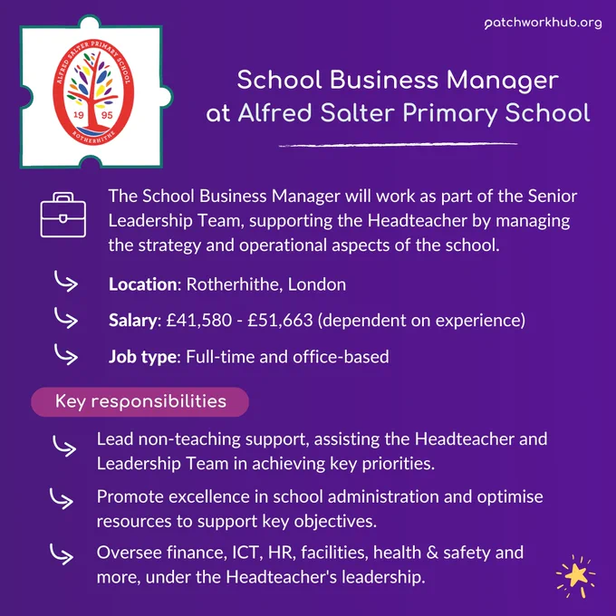School Business Manager at Alfred Salter Primary School. Key information: London-based, £41,580 - £51,663, Full-time and office-based. The Business Manager supports the Headteacher in managing school strategy and operations.
