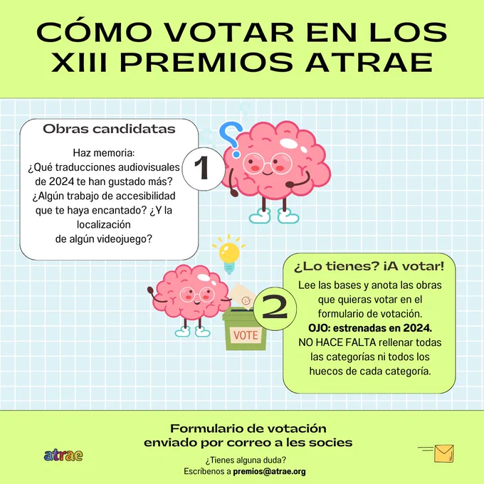 Sobre un fondo cuadriculado, en un recuadro verde claro en el centro de la parte superior: «Cómo votar en los XIII premios ATRAE». Debajo a la izquierda, un recuadro blanco: «1- Obras candidatas. Haz memoria: ¿Qué traducciones audiovisuales de 2024 te han gustado más? ¿Algún trabajo de accesibilidad que te haya encantado? ¿Y la localización de algún videojuego?». A la derecha del recuadro, una ilustración de un cerebro animado con interrogantes. Debajo a la derecha, en un recuadro verde: «2- ¿Lo tienes? ¡A votar! Lee las bases y anota las obras que quieras votar en el formulario de votación. OJO: estrenadas en 2024. NO HACE FALTA rellenar todas las categorías ni todos los huecos de cada categoría». A la izquierda del recuadro, una ilustración de un cerebro con una bombilla votando en una urna. En la parte inferior de la imagen, en un recuadro verde: «Formulario de votación enviado por correo a les socies. ¿Tienes alguna duda? Escríbenos a premios@atrae.org». 