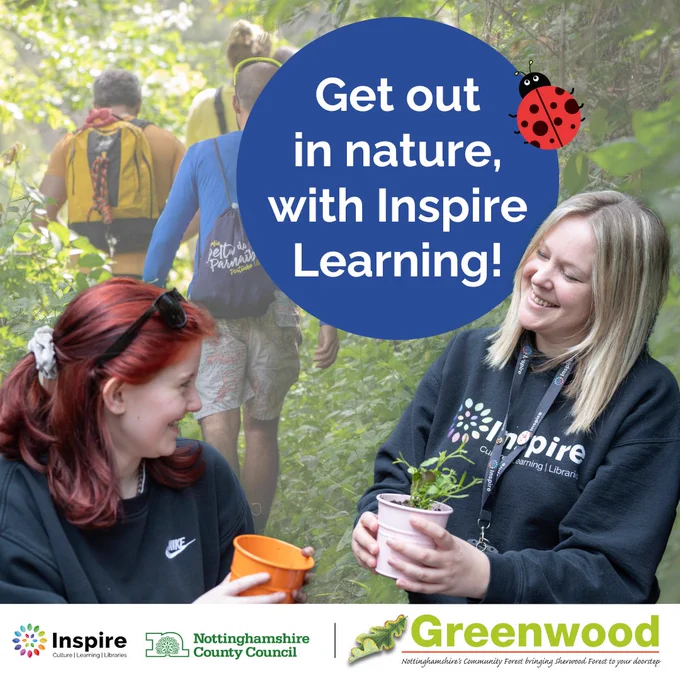 In the foreground, an Inspire tutor and learner appear together, they are both smiling and holding plant pots, one of which contains a small plant. In the background, we see a group of people taking a walk through a forest.
Text reads: Get out in nature, with Inspire Learning