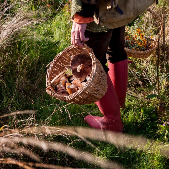 We see the lower half of a person, wearing welly boots and holding a basket full of foraged bits and bobs.