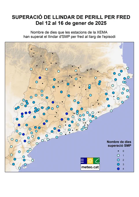 Mapa amb el nombre de dies que les estacions de la XEMA han superat el llindar de perill per fred al llarg de l'episodi.