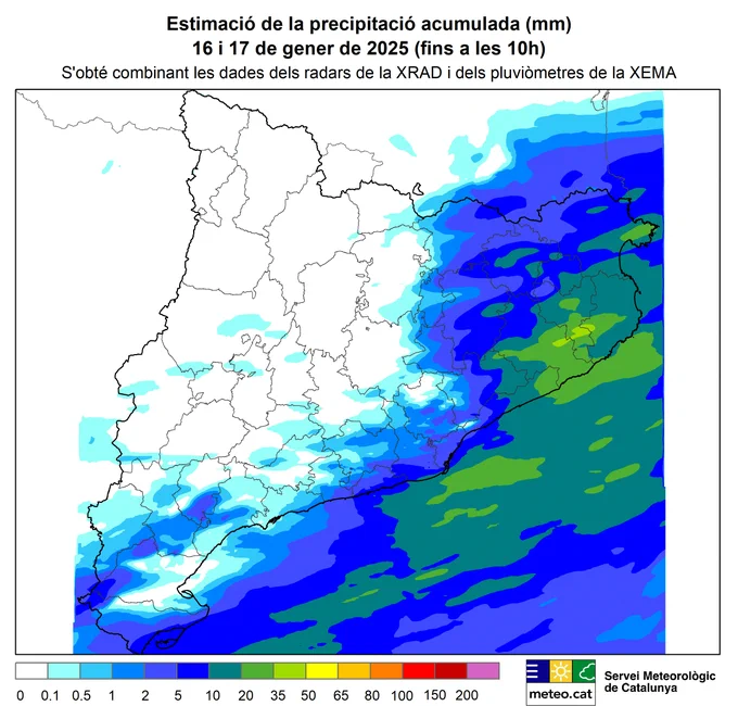 Mapa amb l'estimació de la precipitació acumulada entre el 16 i 17 de gener fins a les 10 h.