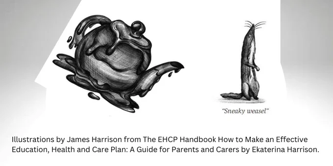 Illustrations of a chocolate teapot and weasel with text saying by James Harrison from The EHCP Handbook How to Make an Effective Education, Health and Care Plan: A Guide for Parents and Carers by Ekaterina Harrison.