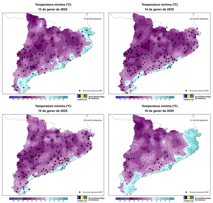 Mapes de la temperatura mínima entre el 13 i 16 de gener.