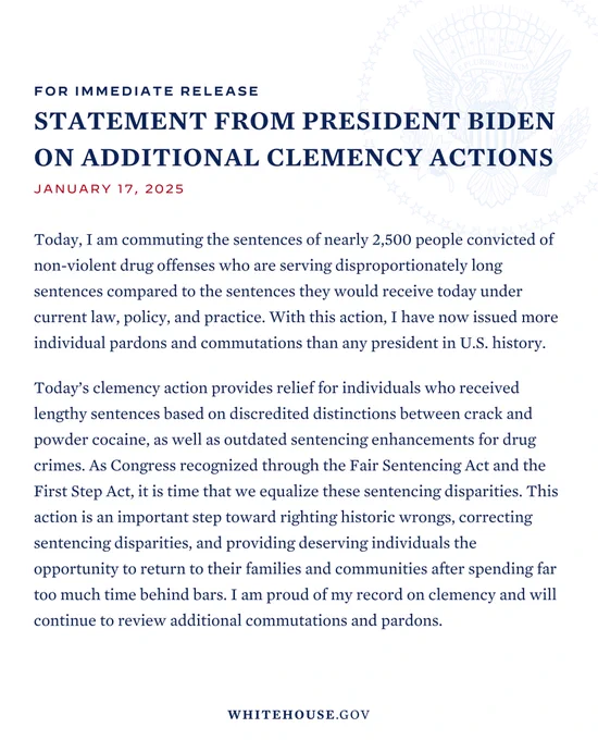 Statement from President Biden on additional clemency actions.