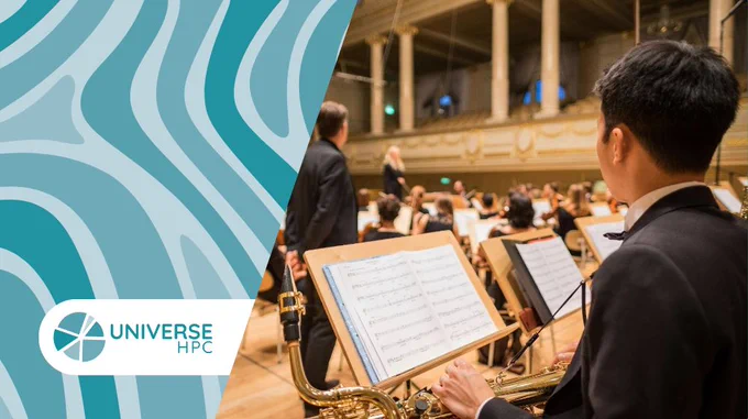UNIVERSE-HPC logo, an orchestra on stage