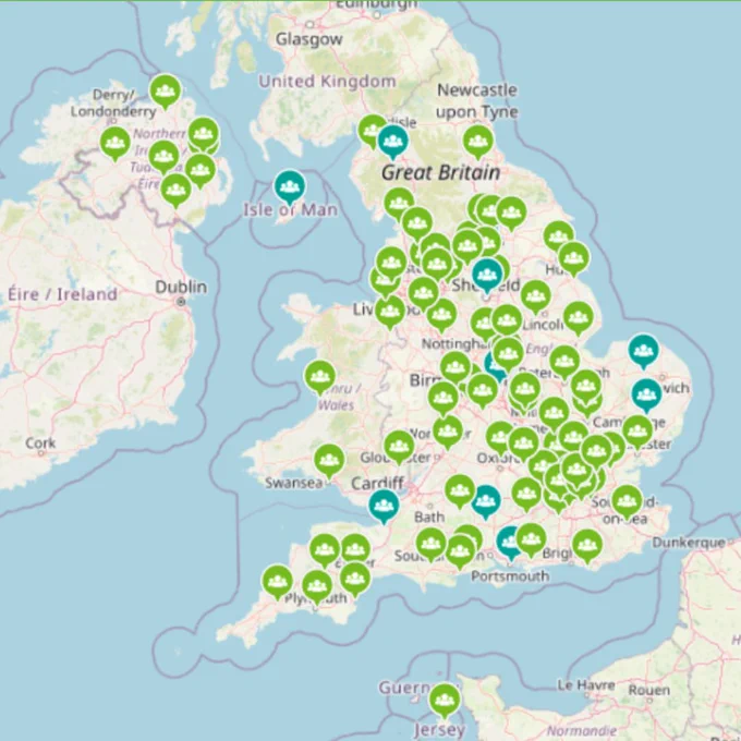 A screen grab of our local support groups map, showing England, Wales and Northern Ireland and many green 'pins' showing the locations of groups.