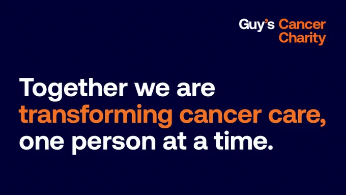White and orange text on a dark blue background that says ‘Together, we are transforming cancer care, one person at a time’. 