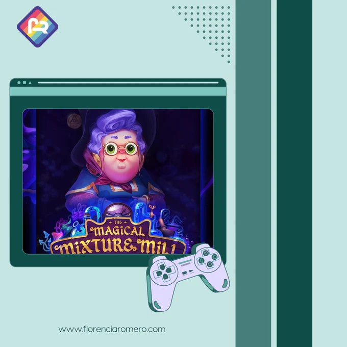 Sobre fondo en tonos verdes, en una ventana de ordenador, la portada del juego The Magical Mixture Mill. En ella, sobre fondo oscuro, se recorta la silueta de una anciana. Tiene unos sesenta y cinco años, complexión rechoncha, pelo ondulado de color morado y ojos verdes. Luce un gorro de bruja, gafas de montura dorada y una túnica a juego con su pelo. Debajo, en letras doradas superpuestas a un tablón de madera rodeado de frascos, pociones y elementos de alquimia, el título del juego: The Magical Mixture Mill. El cartel lo decora el mando de una consola. En la esquina superior izquierda de la imagen, el logotipo de Florencia Romero, formado por un cuadrado girado y posado sobre un vértice. El borde del cuadrado es morado y el interior está relleno de franjas diagonales de distintos colores: fucsia, naranja, amarillo, verde aguamarina y azul. Sobre los colroes, las letras F y R en blanco. www.florenciaromero.com