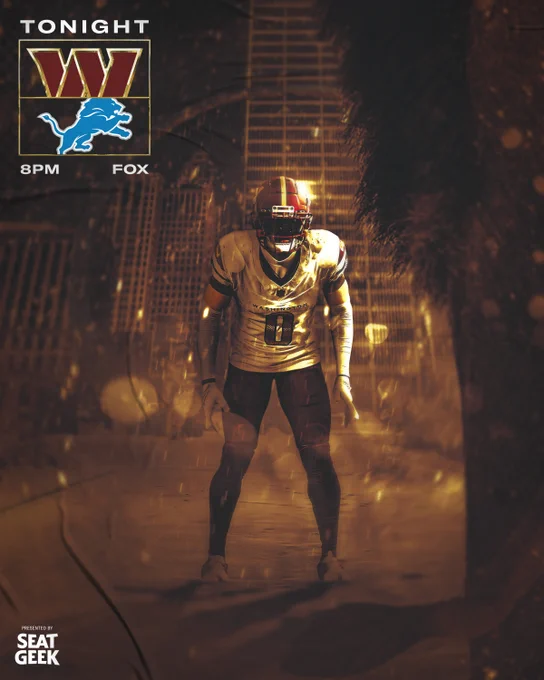 Gameday graphic. It features Mikey Sainristil standing in the streets of Detroit. The top left corner has the Commanders and Lions logos and says "Tonight | 8PM, FOX."