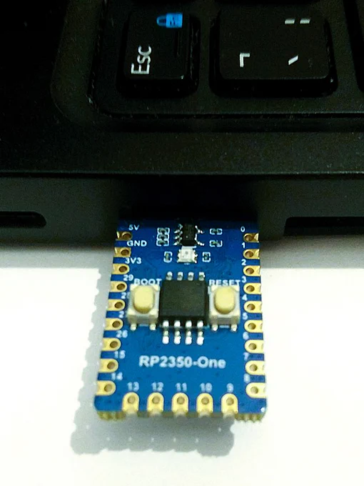 Waveshare RP2350-One plugged in to the USB port