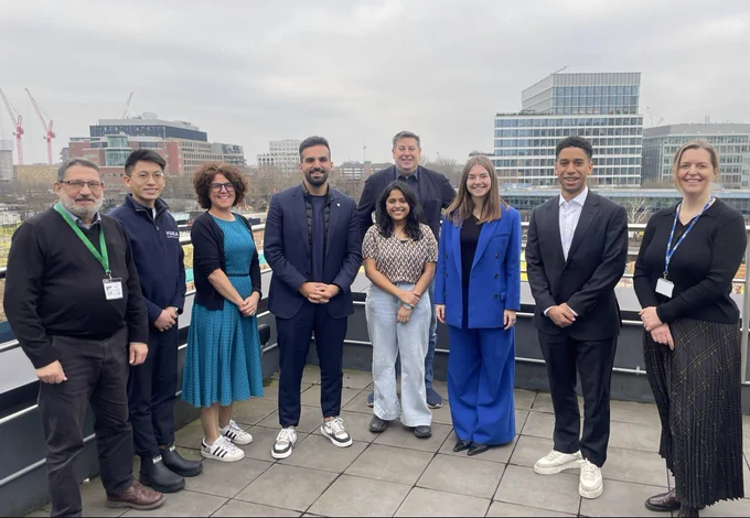 London Environment Deputy Mayor Mete Coban MBE pictured visiting the White City Deep Tech Campus, standing with with local politicians
and CleanTech start-ups and facilitators.