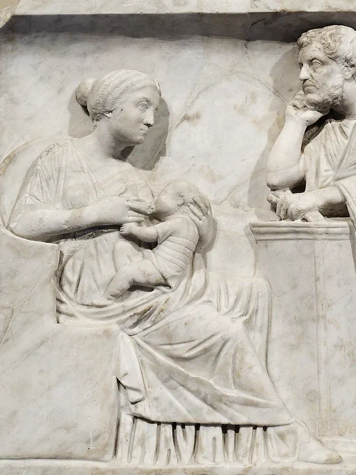 Infant sarcophagus inscribed, in Latin, “Marcus Cornelius Statius, son of Marcus, of the tribe Palatina.” The carving depicts a person nursing a baby. Made around 150–160 CE and possibly found in Ostia Antica, Italy. 

CREDIT: Musée du Louvre