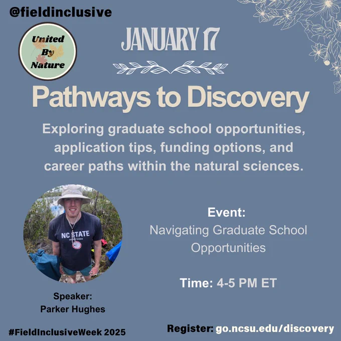 "Graphic promoting the 'Pathways to Discovery' event for #FieldInclusiveWeek 2025. At the top, '@fieldinclusive' and the 'United By Nature' logo are displayed. Below, the date 'January 17' is shown with decorative floral accents. A circular headshot of the speaker, Parker Huges, is featured at the bottom-left corner, with their name labeled below. Event details at the bottom right include: 'Event: Navigating Graduate School Opportunities,' 'Time: 4-5 PM ET,' and a registration link: 'Register: go.ncsu.edu/discovery.' The background is a soft blue with floral designs in the upper right corner and the hashtag '#FieldInclusiveWeek 2025' in the bottom left."