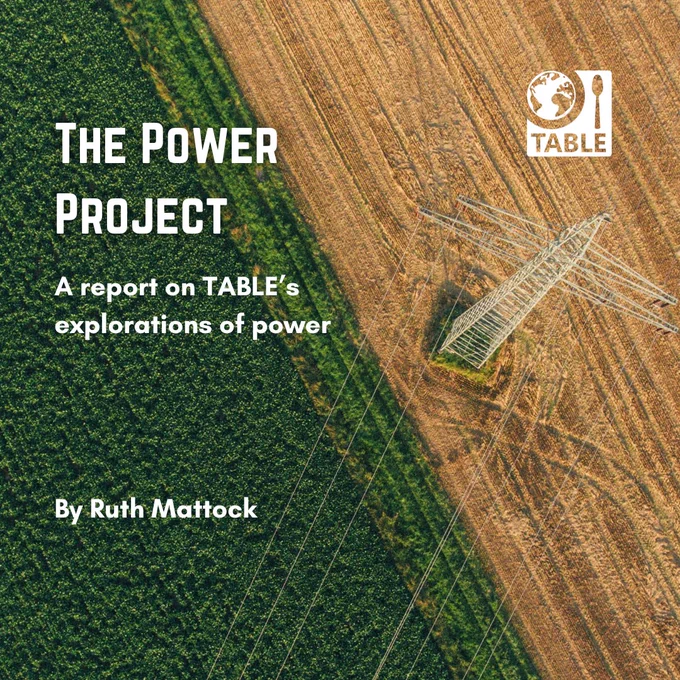 A flyer for The Power Project report from TABLE by Ruth Mattock. Background photo is a birds eye view of a field and electrical pylon by Max Bottinger via Unsplash.