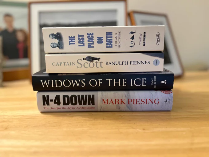 Four books. Top to bottom.
The Last Place on Earth, Roland Huntford, Abacus 2000
Captain Scott, Ranulph Fiennes, Hodder & Stoughton 2004
Widows of The Ice, Anne Fletcher, Amberley Publishing, 2022
N4 Down, Mark Piesing, Custom House, 2021
