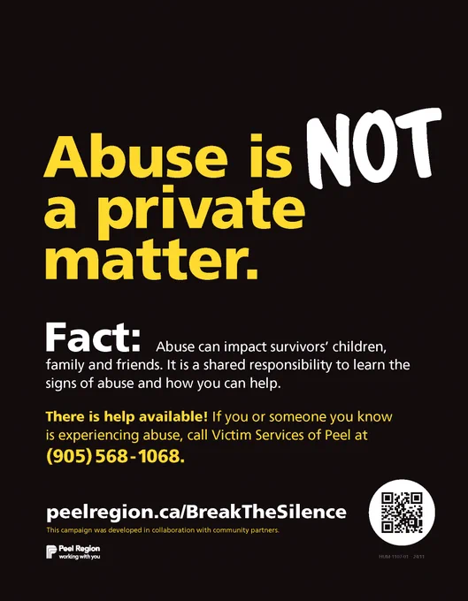 Alt-text: Flyer for Peel Region's Break the Silence Campaign raising awareness about family and intimate partner violence.