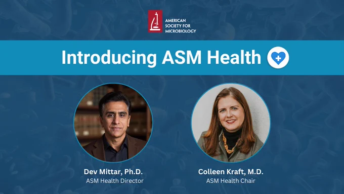 Graphic introducing ASM Health with headshots of ASM Health Director, Dev Mittar, and ASM Health Chair, Colleen Kraft