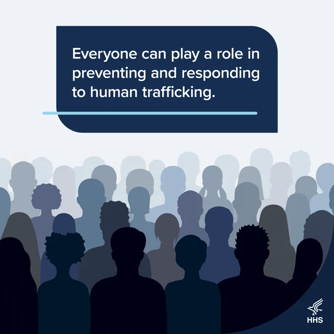Text reads, Everyone can play a role in preventing and responding to human trafficking. An illustrated image of a group of silhouetted people. 